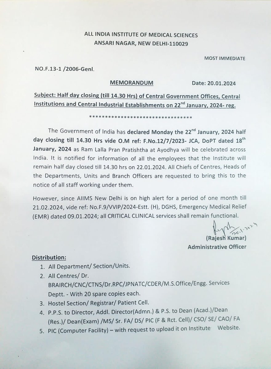 Nitendradd's tweet image. Delhi AIIMS to be closed till 14.30 on Monday, the day of Pran pratishtha of Lord Ram in #Ayodhya 

Notification for half day at @aiims_newdelhi has been issued.