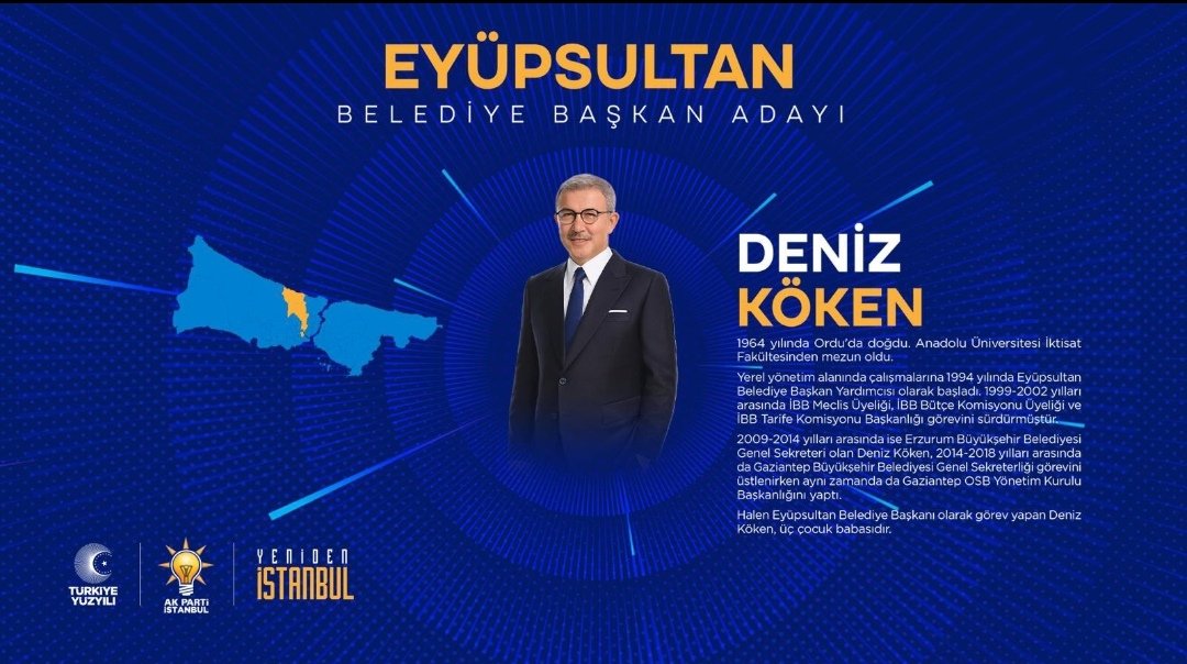 2019-2024 yılı İlk döneminde olduğu gibi Eyüpsultan'ımıza eser ve hizmet üreten gerçek belediyeciliği tam anlamıyla yansıtan
Kıymetli Belediye Başkanımız Deniz Köken'in yeni dönem adaylığını tebrik ediyor, başarılarının devamını temenni ediyorum. 
#YineEyüpsultan
#Yenidenİstanbul