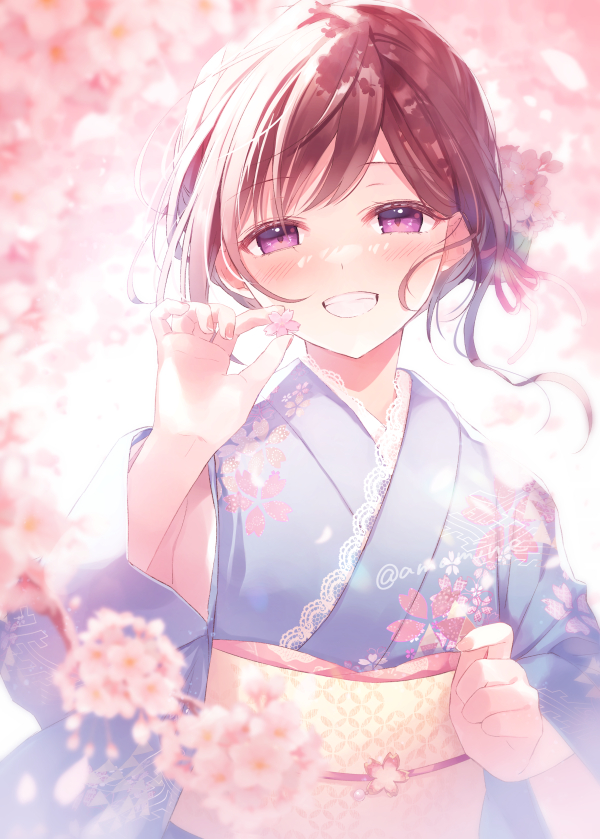 1girl japanese clothes solo kimono smile looking at viewer brown hair  illustration images