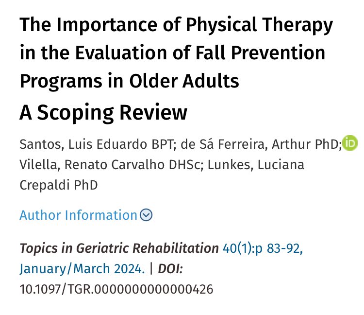📢 #ScopingReview

#Physiotherapeutic #exercise protocols are, therefore, an excellent option for reducing the risk of #falls in #elderly individuals, in addition to promoting a better quality of life #QoL 

Topics in Geriatric Rehabilitation

doi.org/10.1097/TGR.00…