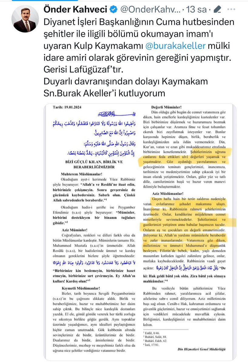 Allah kimseyi,cuma hutbesinde şehitlerimizle ilgili kısımları çıkaran imamı savunacak hale getirmesn. Devletin kendisine verdiği görevi en iyi şekilde ifa eden kaymakamımıza çiğ demek nasıl bir aymazlıktr?Senin sendikacılığını herkes biliyor <a href="/_aliyalcin_/">Ali YALÇIN</a>