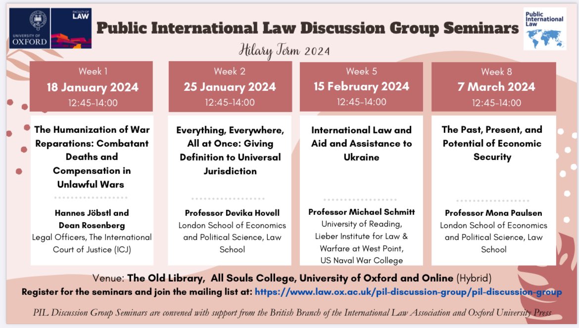 Our term card for the PIL Discussion Group in Hilary Term! Do join us to enjoy fascinating talks and a light lunch!