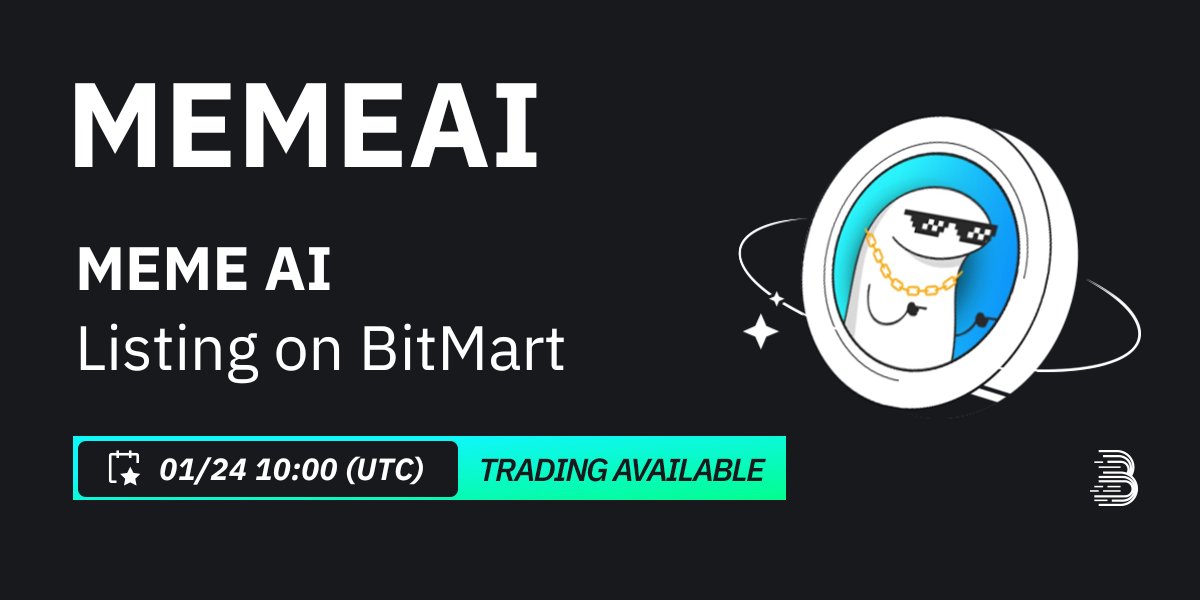 #BitMart will list MEME AI (MEMEAI) <a href="/Memeaicoin/">Meme AI</a> on our digital assets platform on Jan 24, 2024 🤩

💰Trading pair: $MEMEAI/USDT
💎Deposit: 1/22/2024 10:00 AM UTC
💎Trading: 1/24/2024 10:00 AM UTC

Learn more: support.bitmart.com/hc/en-us/artic…
