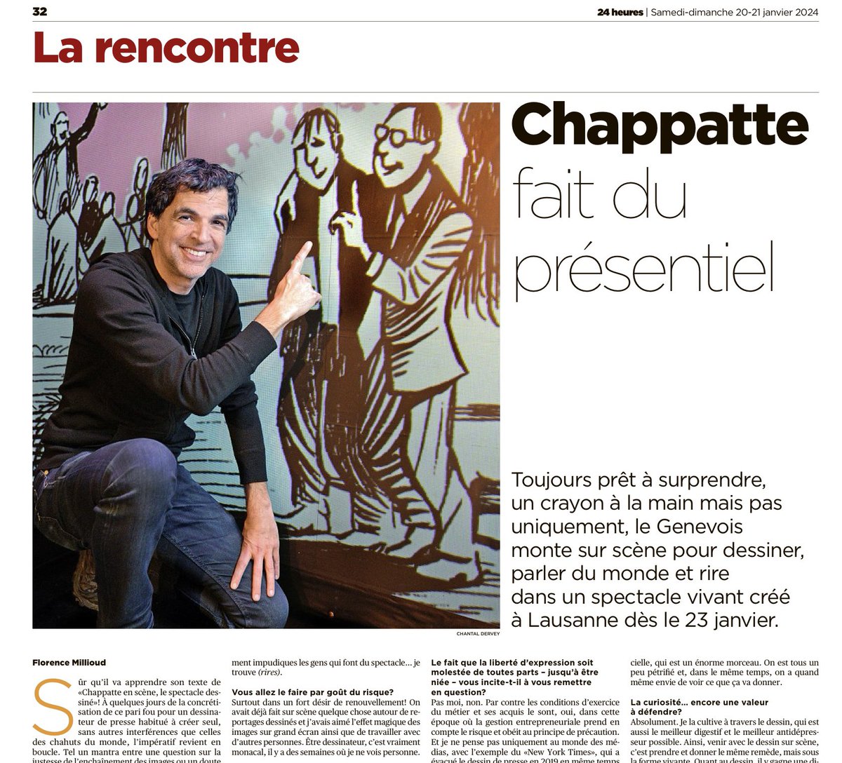 «Chappatte et son crayon montent sur scène»: une belle page dans @24heuresch et @tdgch La Tribune de Genève ce samedi >👉 chappatte.com/fr/spectacle