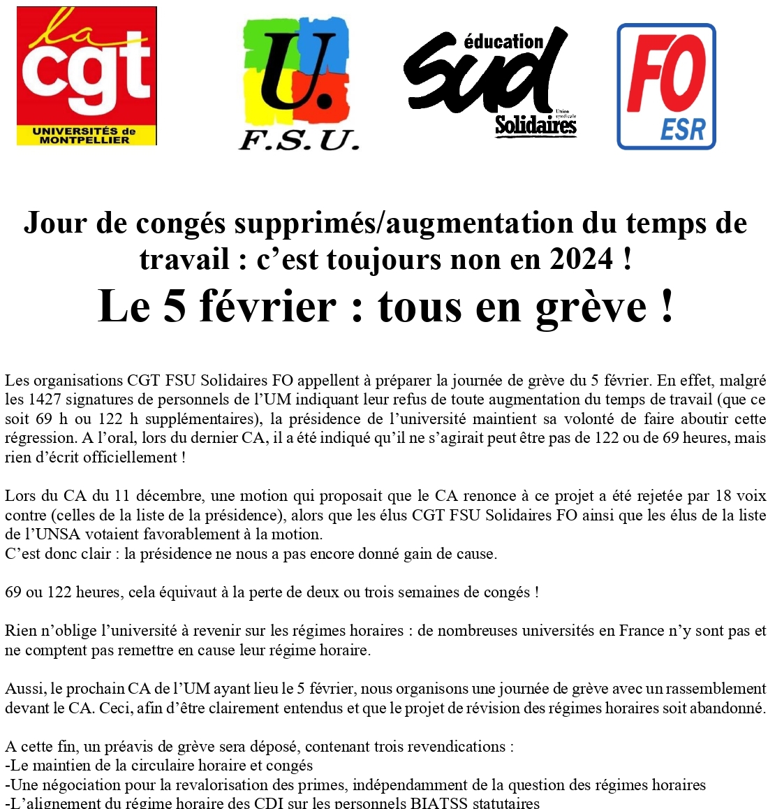 Les personnels de l'Université de #Montpellier seront en grève le 5 février