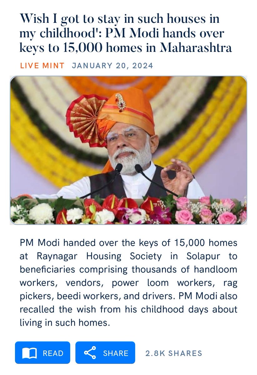 Wish I got to stay in such houses in my childhood': PM Modi hands over keys to 15,000 homes in Maharashtra livemint.com/news/india/pm-… via NaMo App