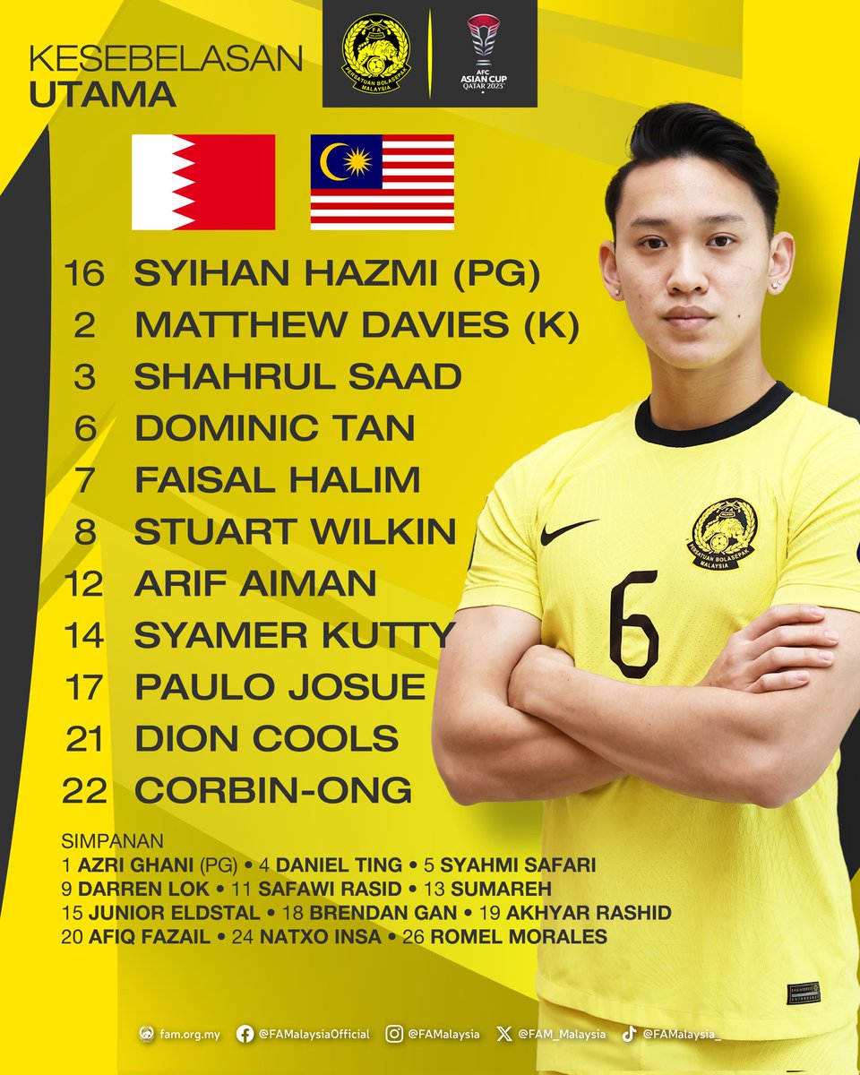FAM_Malaysia's tweet photo. Kesebelasan Utama &amp; Pemain Simpanan Harimau Malaya

Kumpulan E, Piala Asia 2023 | Sabtu, 20 Januari 2024

⚽ BAHRAIN 🇧🇭 🆚️ 🇲🇾 MALAYSIA

🏟 Stadium Jassim bin Hamad, Qatar
🕠 5:30 petang ini (Waktu Qatar)
🕥 10:30 malam ini (Waktu Malaysia)

#FAM #HarimauMalaya #AsianCup2023 https://t.co/Aw3uKDTcUH