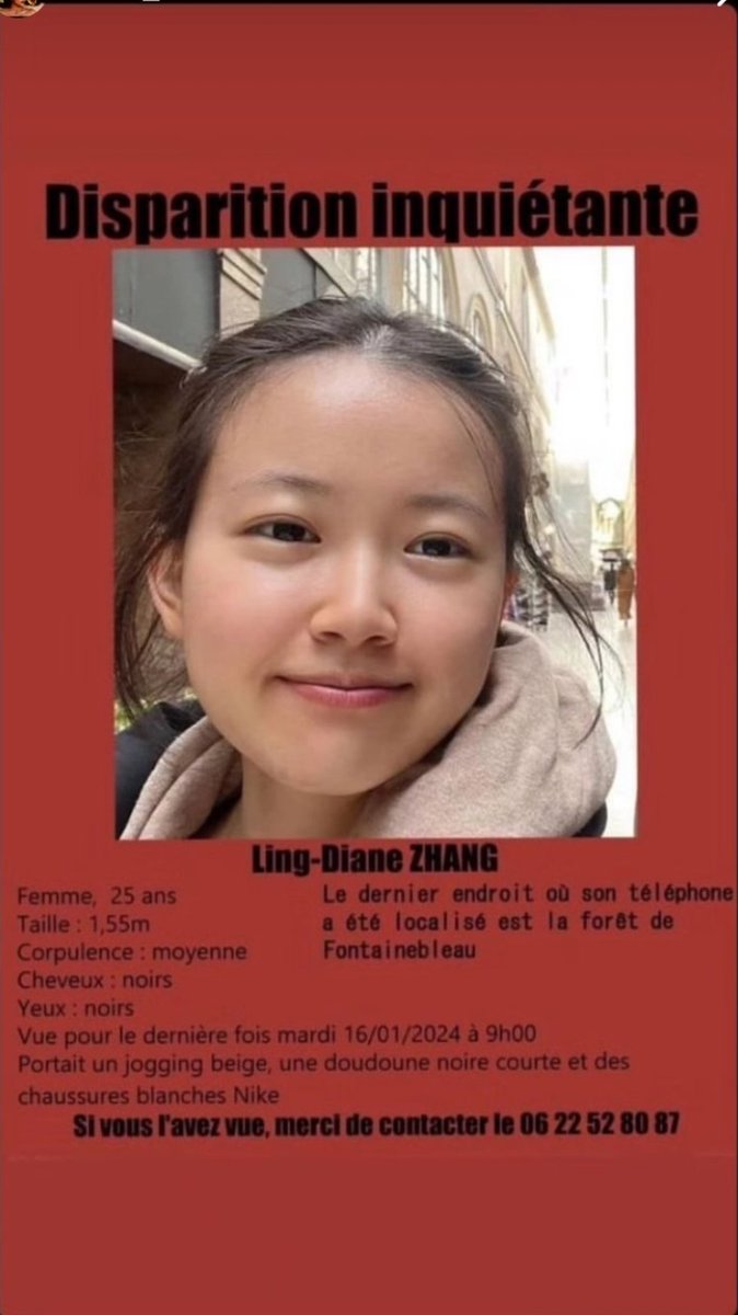 Avis de recherche urgent course contre la montre. Ling Diane Zhang est partie pour se suicider en forêt. Son tel a borné pour la dernière fois hier mardi 16 janvier 18.30 chemin de bornage à Barbizon. Les parents pensent à la Roche de l'amour ou au baiser de Polypheme car...