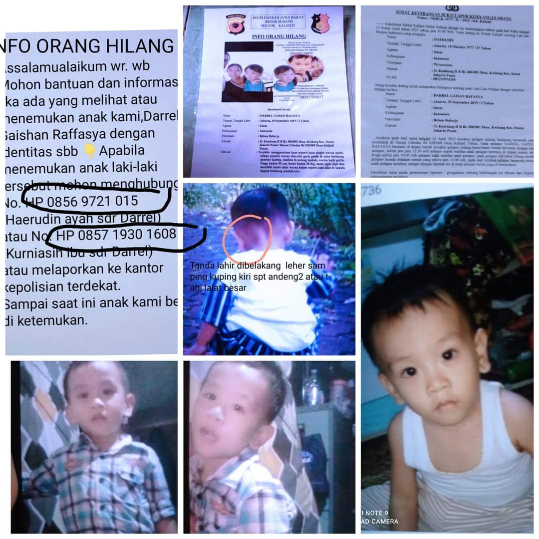 Upays251's tweet photo. Do ur magic tweeps. Anak hilang yg prnah viral di subang x jati bernama Darrel hilng saat mudik lbaran ke 2 kermh nenek,hmpir sdh 8 bln blm ada titik terang dr berita media atw dr pihak yg brwajib.Bila ada yg lihat Darrel,hubungi kepolisian domisilimu atw no wa yg ada di gbr👇 https://t.co/4SuFwm8RAC