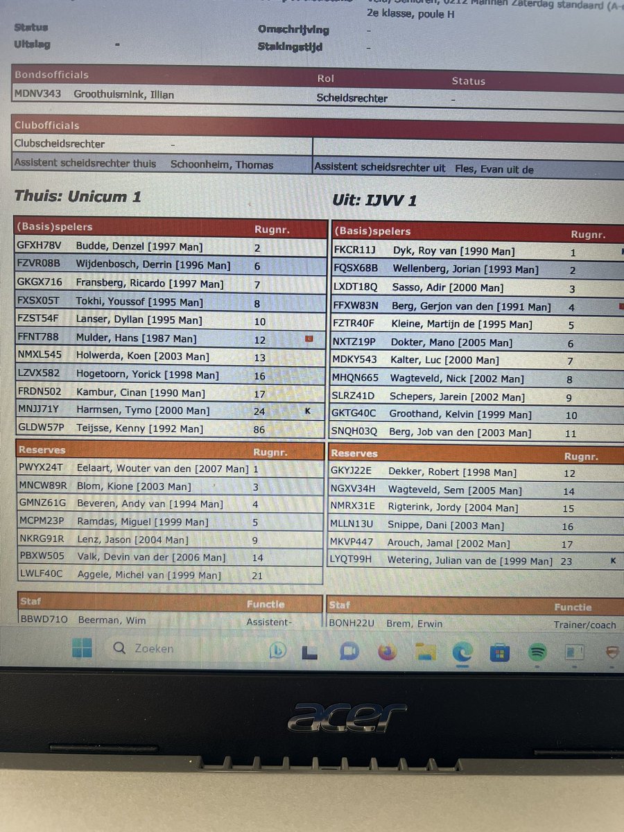 Nog een kwartiertje voor de wedstrijd <a href="/vv_Unicum/">VV Unicum Lelystad</a>  <a href="/VVIJVV/">IJVV IJselmuiden</a> - opstellingen van beide ploegen