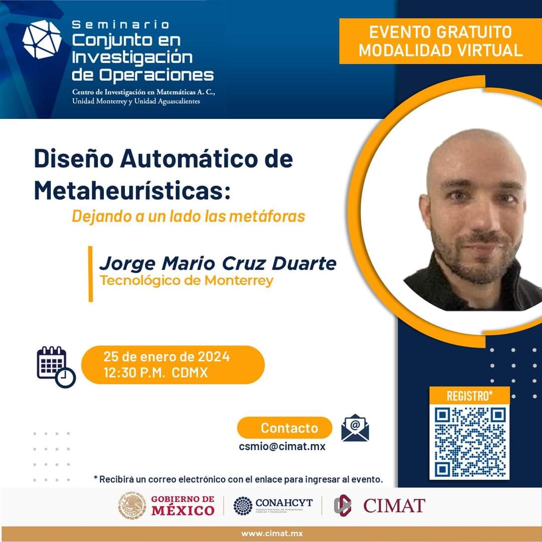 📣No te pierdas el Seminario Conjunto en #InvestigaciónDeOperaciones (SCIO) Modalidad Virtual, evento organizado por CIMAT Aguascalientes y CIMAT Monterrey 👏👏

📆 25 de enero de 2024
⏰12:30 pm (tiempo de CDMX)
✍️Registro: seminario-cio.cimat.mx/form/registro-…

#Conahcyt #CIMAT