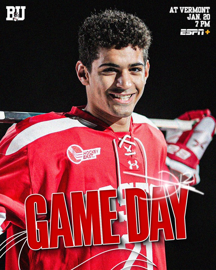 Game day graphic featuring posed photo of Devin Kaplan. BU at Vermont, Jan. 20, 7 PM on ESPN+.