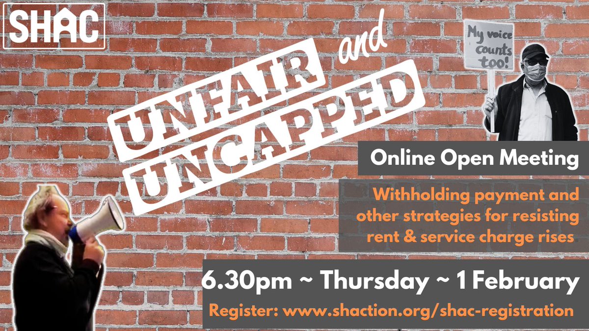Join the resistance to unfair rent hikes &amp; uncapped service charges with SHAC's #UnfairAndUncapped campaign. Discuss next actions: protests, political lobbying, rent strikes, &amp; more.  

Can't afford to pay or object to paying - join us!

Register shaction.org/shac-registrat…