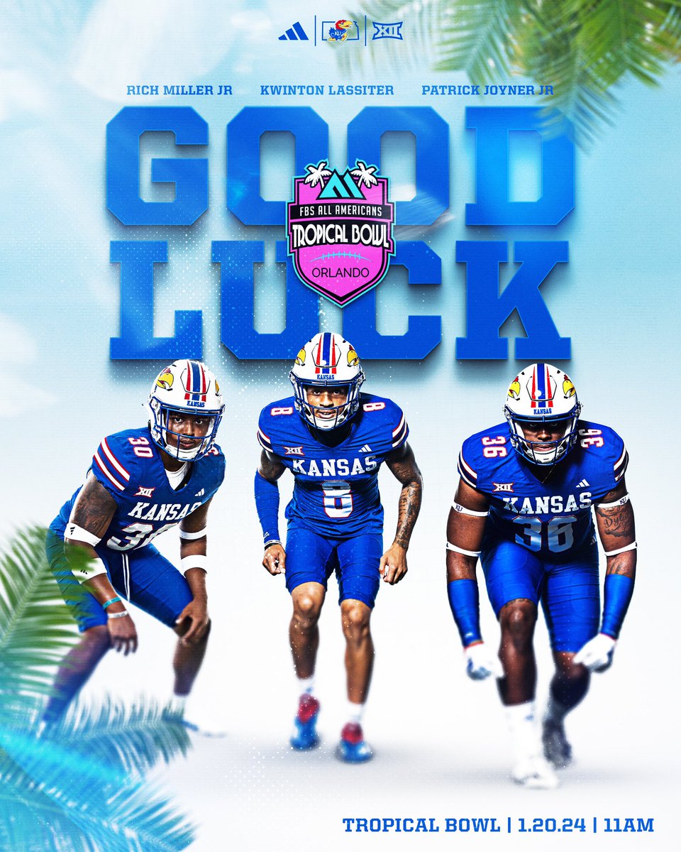 Good luck to <a href="/richmill3r/">Rich Miller Jr.</a> <a href="/KwintonL/">Kwinton Lassiter</a> and <a href="/JoynerPatrick/">Patrick Joyner Jr.</a> today in the Tropical Bowl 🌴

#RockChalk