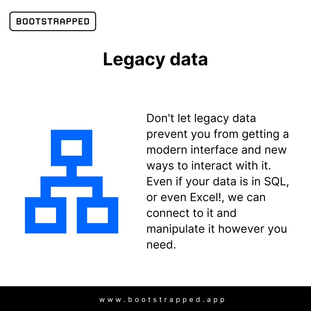 Unlock Legacy Data: No-Code for cost-effective, quick, and collaborative data management. 

Discover @BootstrappedMVP's solutions through No-Code approach.

#NoCode #LegacyData #BootstrappedSolutions #DataManagement #DataHandling
