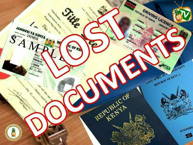 LOST DOCUMENTS: GEORGE MUCHINA KAMAU has lost very essential documents while traveling in a minibus between Ruiru and Thika Town. In case you come across them, kindly reach him via 0722653491 or hand them over to Inooro TV/FM Thika office at Witeithie House