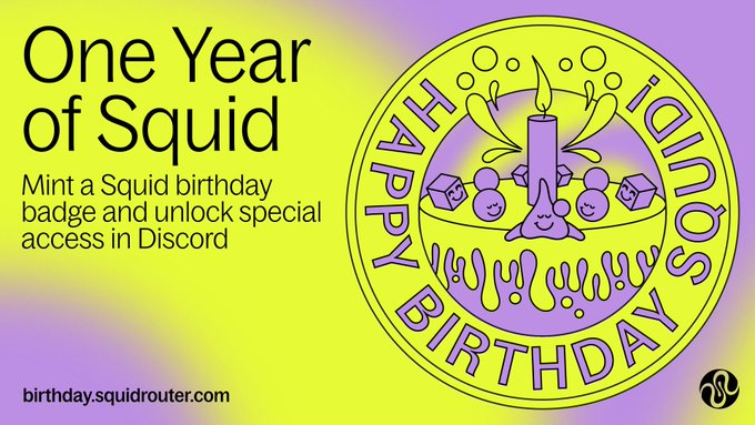 Crypto_Atanu's tweet image. Mint Squid&apos;s 1st Birthday NFT👨🏽‍💻

⚡️Mint Here: birthday.squidrouter.com
⚡️Claim Guild Roles: guild.xyz/squidrouter

It Costs 1 UCDC.e on Arbitrum Chain, Ending on 31st Jan 2024

#SquidRouter #NFT