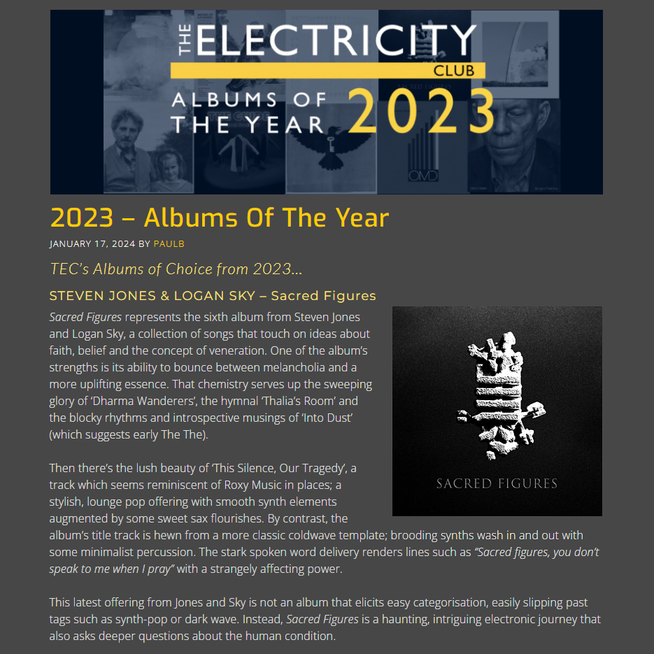 'Sacred Figures' features in The ELECTRICITY CLUB top 10 of 2023! 'A collection of songs that touch on ideas about faith, belief & the concept of veneration... the album’s strength is its ability to bounce between melancholia & a more uplifting essence.' etrangersmusique.bandcamp.com/album/sacred-f…