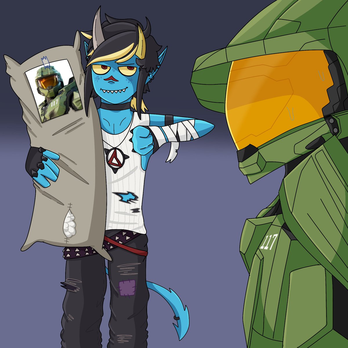dizzy_griffin's tweet photo. "A warm welcome home to our soldier"
 just a shitpost I drew for my friend, it's so funny to draw characters together that should not be able to interact with one another 😭

#Fortnite #FortniteArt #FortniteFanArt #sulk #Remi #Halo https://t.co/kgmsLLt8gY