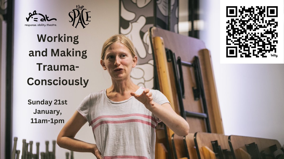 TOMORROW!
Working and Making Trauma-Consciously

Sunday 21st January, 11am-1pm
Online
For <a href="/SpaceArtsCentre/">The Space</a> 

Designed for theatre-makers, suitable for anyone who's thinking about trauma-consciousness in their workplace and/or artistic practice!

Book now:
space.org.uk/event/working-…