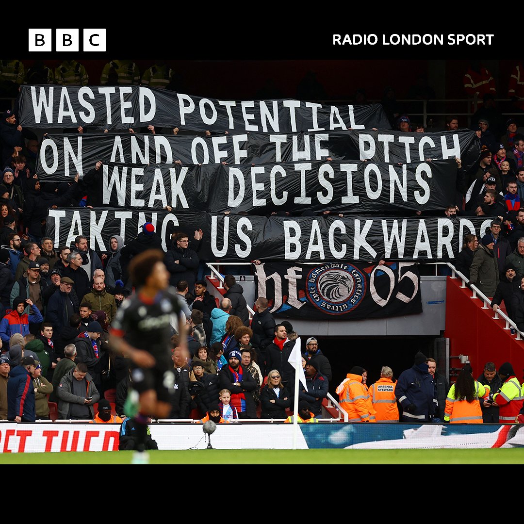 BBCLondonSport's tweet photo. A strong message from the #CPFC fans in the away end at The Emirates this afternoon during the 5-0 defeat by #Arsenal ⤵️ #ARSCRY https://t.co/FZJq2x6uXa