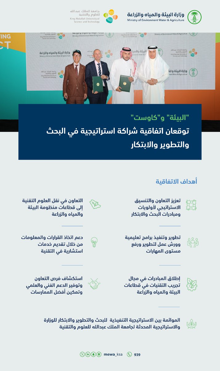MEWA_KSA's tweet photo. توقيع اتفاقية شراكة استراتيجية في البحث والتطوير والابتكار؛ بين الوزارة وجامعة الملك عبدالله للعلوم والتقنية، بهدف تعزيز التعاون والتنسيق الاستراتيجي لأولويات ومبادرات البحث والابتكار. https://t.co/N2S4O0T5WJ