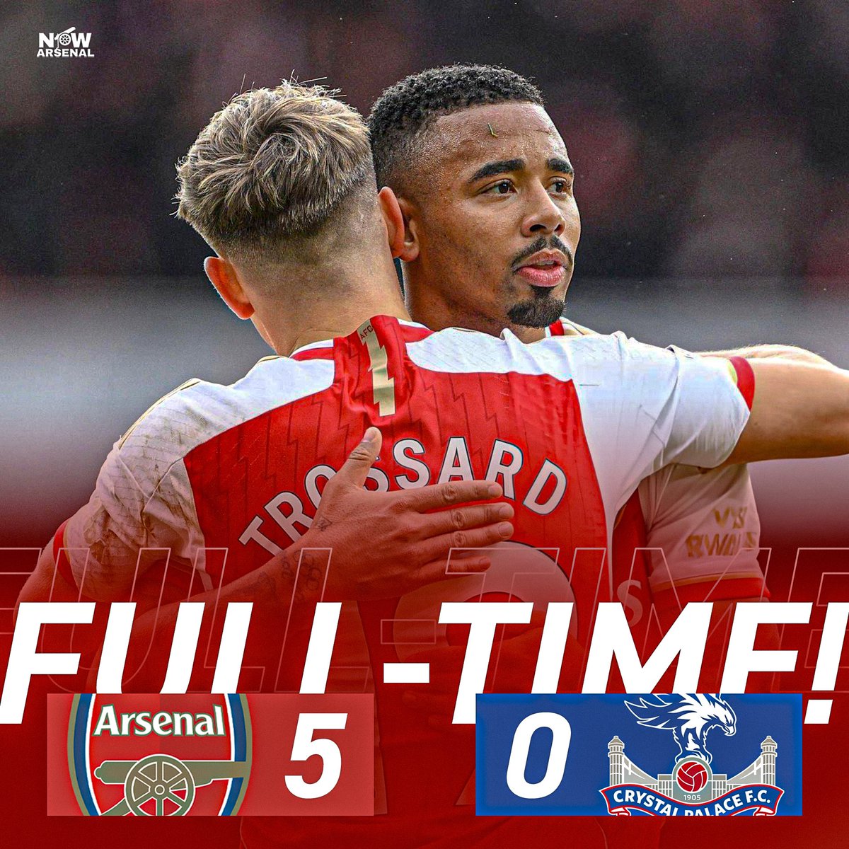 FT: Arsenal 5-0 Crystal Palace Scoring problem? What problem? Arsenal are back and our title charge starts now. Bring on the next game. I can’t wait. Thoughts on the victory? #afc