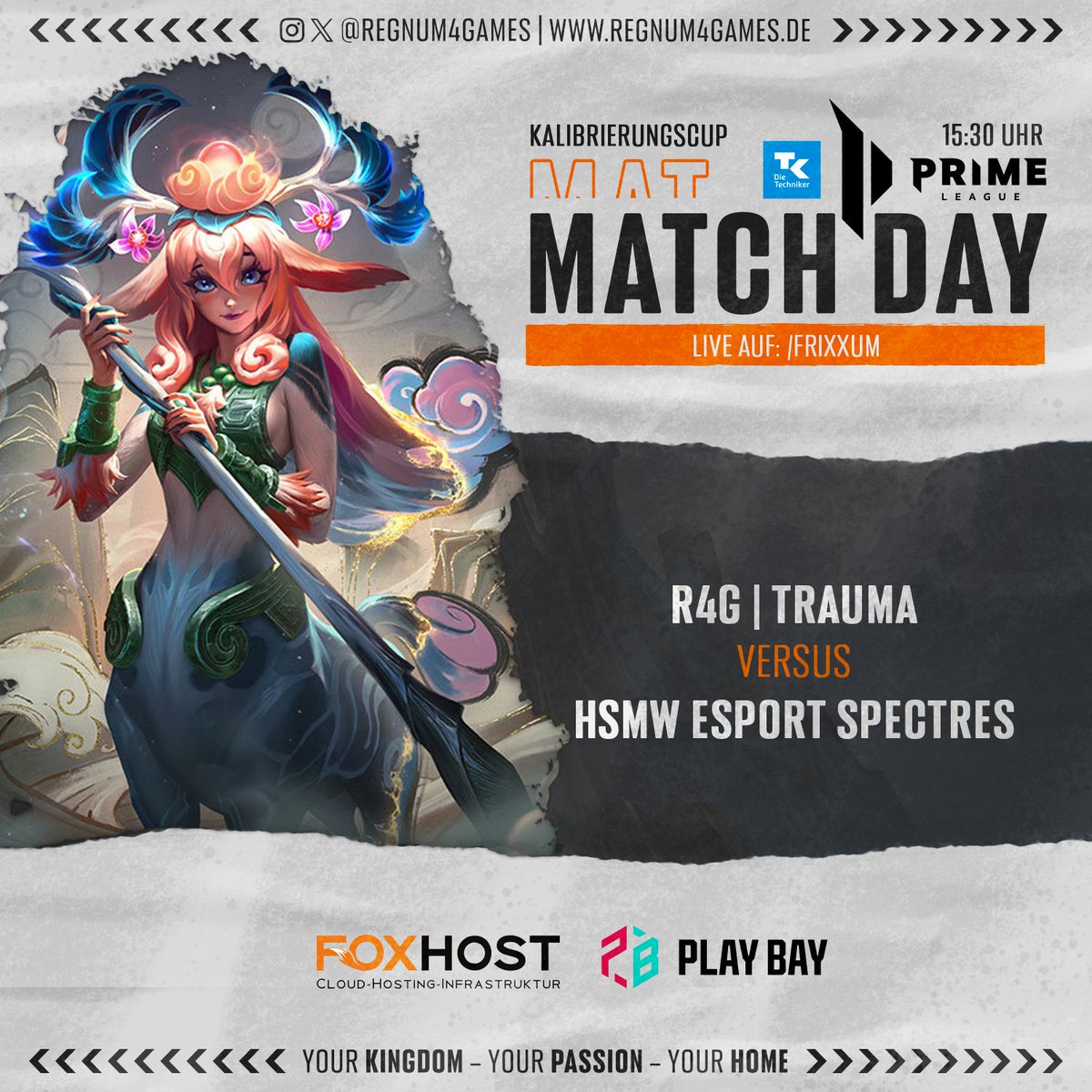regnum4games's tweet photo. 👑#TKPRM KALICUP👑

Das zweite Spiel der Kalibrierung der @PrimeLeague geht für Team #Trauma gegen die #Spectres der @HSMWesports! Schaltet ein bei @Frixxum und cheert unsere Spieler:innen zum zweiten Sieg!

#getcrowned | #r4g | #primeleague https://t.co/EzJEULXZ8U