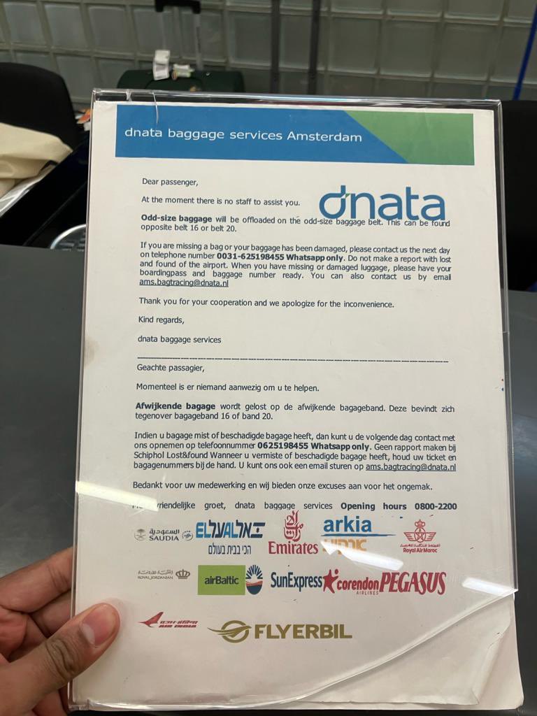 dasKK4's tweet photo. @airindia My luggage was broken in flight AI 155 Delhi to Amsterdam. When I reached the ground staff @dnataSupport their desk in Amsterdam there no one was at the counter and there was a note written to reach out via Whtsapp or Email the next day. Now they say contact AirIndia https://t.co/YoCR3r9PgV