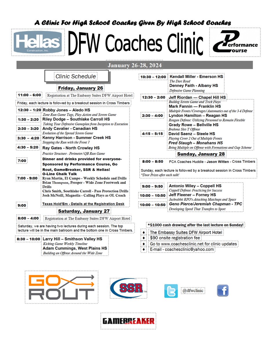 DFW Coaches Clinic (@dfwclinic) on Twitter photo Online registration <a href="/DFWClinic/">DFW Coaches Clinic</a> remains open until Noon Monday! Sign up today and save $$$ -www.coachesclinic.net
Last lecture next Sunday <a href="/GenoPierce/">Geno Pierce</a> & <a href="/JChap90/">Jeremiah Chapman</a> of <a href="/PCnowisthetime/">Performance Course</a> -$1000 cash door prize drawn after!
<a href="/THSCAcoaches/">THSCA</a> <a href="/Matt_Stepp817/">Matt Stepp</a> <a href="/dctf/">Dave Campbell's — TexasFootball.com</a> <a href="/TheLHSCA/">LHSCA</a> <a href="/OFBCA/">OFBCA</a> <a href="/_NMAA/">NMAA</a> Online registration <a href="/DFWClinic/">DFW Coaches Clinic</a> remains open until Noon Monday! Sign up today and save $$$ -www.coachesclinic.net
Last lecture next Sunday <a href="/GenoPierce/">Geno Pierce</a> & <a href="/JChap90/">Jeremiah Chapman</a> of <a href="/PCnowisthetime/">Performance Course</a> -$1000 cash door prize drawn after!
<a href="/THSCAcoaches/">THSCA</a> <a href="/Matt_Stepp817/">Matt Stepp</a> <a href="/dctf/">Dave Campbell's — TexasFootball.com</a> <a href="/TheLHSCA/">LHSCA</a> <a href="/OFBCA/">OFBCA</a> <a href="/_NMAA/">NMAA</a>