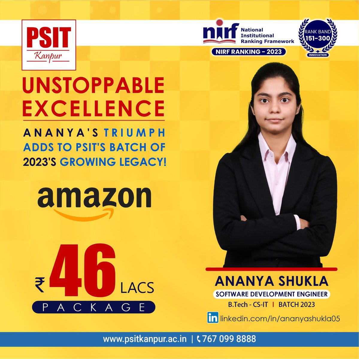 PSITKanpur2004's tweet image. Congratulations, Ananya!

#amazon #placement2023 #success #perseverance #selfbelief #successstory #PSITKanpur #determination #endeavours #bestplacements #lifeatpsit #bestengineeringinstitute #career