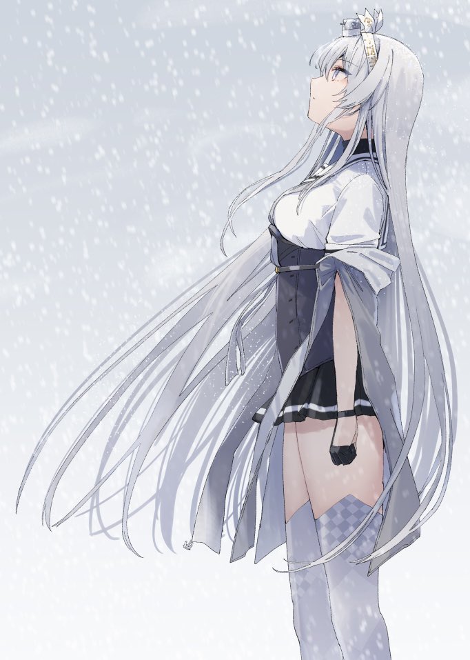 fuyutsuki (kancolle) 1girl solo long hair white headband thighhighs gloves skirt  illustration images