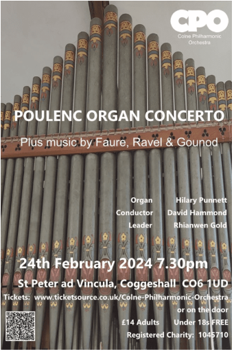 ColnePhil's tweet photo. Don't forget we'll be performing at St Peter and Vincula Church in Coggeshall on Saturday evening.

Programme:
Poulenc Organ Concerto featuring @HilaryPunnett 
Ravel Pavane
Faure Pavane
Gounod 1st Symphony https://t.co/gH6vPWIp3k