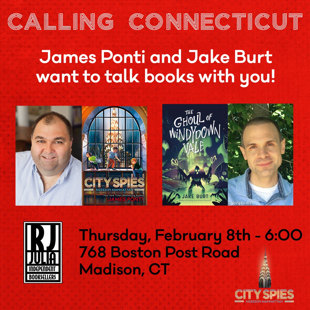James Ponti (@jamesponti) on Twitter photo The Mission Manhattan Tour is heading for Connecticut and I'd love to see you there. I'm going to be with my good buddy <a href="/JBurtBooks/">Jake Burt</a> at one of my all-time favorite bookstores - <a href="/rjjulia/">RJ Julia Booksellers</a>. Click here for all you need to know - rjjulia.com/event/james-po… <a href="/SimonKIDS/">Simon Kids</a> The Mission Manhattan Tour is heading for Connecticut and I'd love to see you there. I'm going to be with my good buddy <a href="/JBurtBooks/">Jake Burt</a> at one of my all-time favorite bookstores - <a href="/rjjulia/">RJ Julia Booksellers</a>. Click here for all you need to know - rjjulia.com/event/james-po… <a href="/SimonKIDS/">Simon Kids</a>
