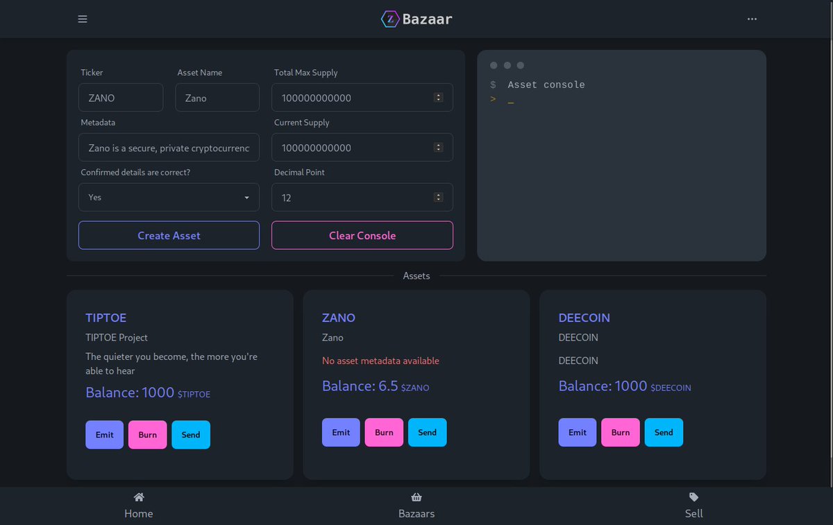 👀 Asset creation

Create, emit, burn and send confidential assets from the Bazaar asset manager.

🔗 zanobazaar.com