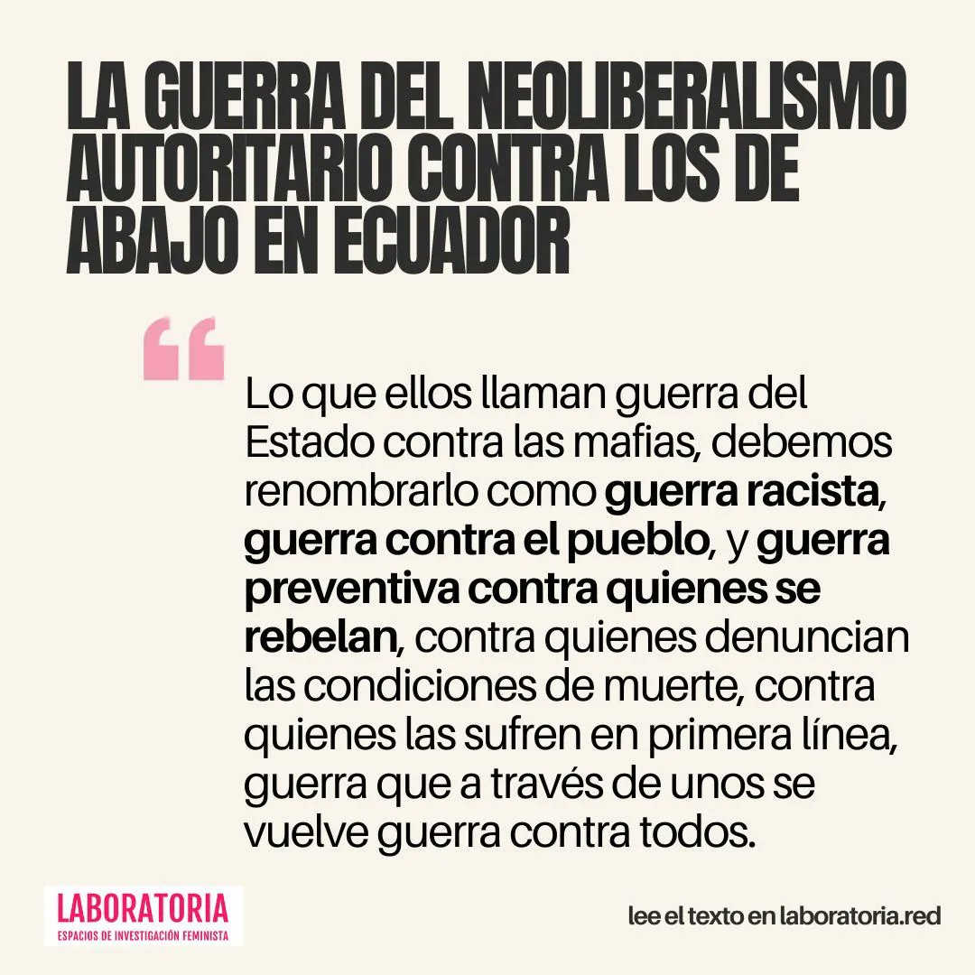 Para la guerra NADA! 🚫
Por qué decimos que esta es una guerra del neoliberalismo autoritario en contra de lxs de abajo? Desde La Laboratoria nodo Ecuador reflexionamos al respecto. 
Lee y difunde! ✊🏽

#ContraLaGuerra
#PazConJusticiaSocial

 <a href="/LaLaboratoria/">La Laboratoria</a>