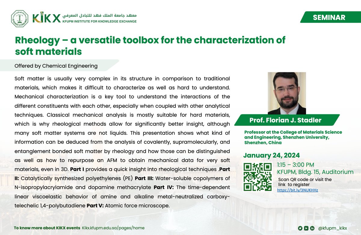 kfupm_kikx's tweet image. Join us to discover the secrets of soft materials at our upcoming seminar titled Rheology - a versatile toolbox for the characterization of soft materials
🌟 Reserve your spot now: bit.ly/3NUKHHz
#ScienceEvent