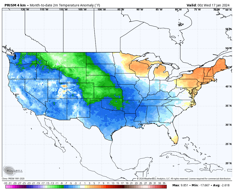 From the people who bring you 'average annual global temperature' calculated to within 0.01°C: NOAA's prediction for January 2024 temps vs. how it's actually working out. BTW, January 2024 is about 9°F colder than January 2023 -- because every emission warms the planet.🤔