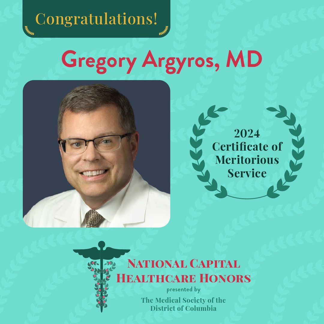 Congratulations! Dr. Gregory Argyros will receive the Certificate of Meritorious Service on March 13, 2024. #CHH24 @medstarhealth