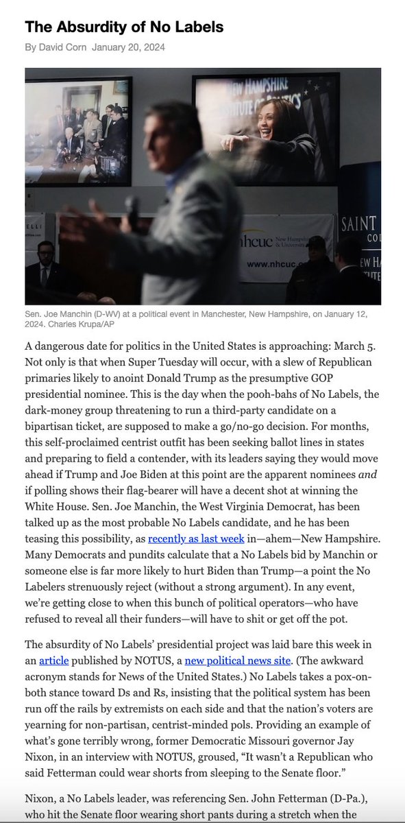 No Labels, the dark-money group looking to run a third-party pres. candidate, is pushing an absurd case equating Biden & Trump. Read all about it in my #OurLand newsletter. link.motherjones.com/public/34061597 And sign up for a FREE trial subscription to OUR LAND at davidcorn.com.