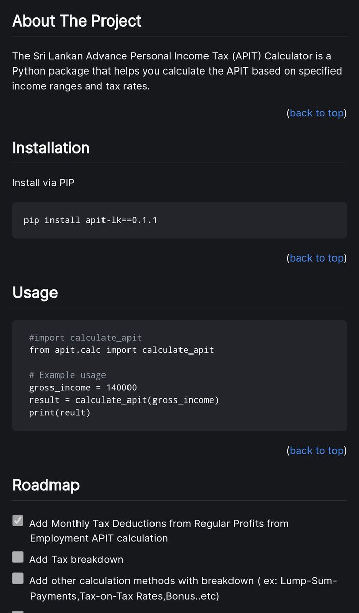 Dinuth_perera's tweet photo. Simple &amp; Useful project announcement!

I've developed a Python library for calculating Sri Lankan Advance Personal Income Tax (APIT). Install it easily through PIP and Github. Open to use in your projects.

https://t.co/S7XKs9glJa
#python #PIP #pypi #tax #SriLanka https://t.co/mu3WezeROv