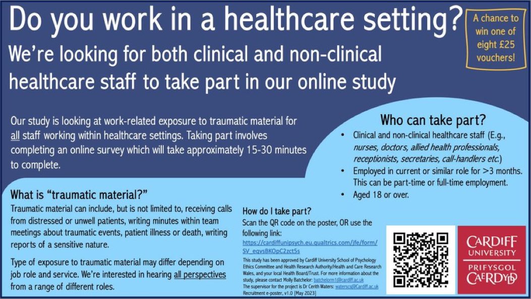 My friend <a href="/MollyPsychology/">Molly Batchelor 👩🏼✨🧠</a>  is doing research into  vicarious Trauma in UK-based healthcare staff (clinical &amp; non-clinical staff) &amp; would be grateful to UK staff in these roles completing an online survey: 
cardiffunipsych.eu.qualtrics.com/jfe/form/SV_eq…
