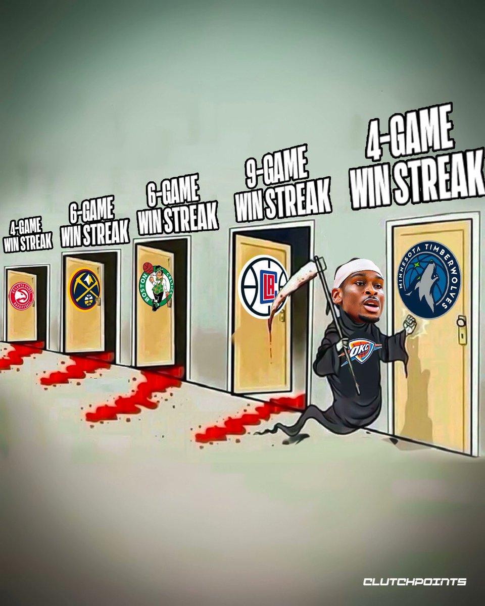 ClutchPoints's tweet photo. The Thunder have embraced the role of STREAK-BUSTERS ⚡

🔶They snapped the Hawks 4-game win streak
🔶They snapped the Nuggets and Celtics 6-game win streak
🔶They snapped the Clippers 9-game win streak
🔶Their next game is against the Minnesota Timberwolves https://t.co/DeKGvej075