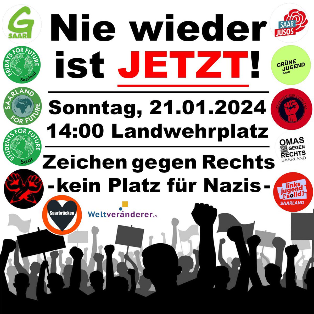 ⚠️ Laufdemo gegen Rechts von Greenpeace 👉Bist du dabei❓

📍 14 Uhr zum Landwehrplatz #saarbrücken 

Wir stehen auf gegen rechte Hetze, Faschismus und die AFD❗️

Wie sind bunt, lieben Vielfalt und stehen wir für einander ein✊

#ZusammenGegenRechts #NieWiederIstJetzt  #FckAfdD