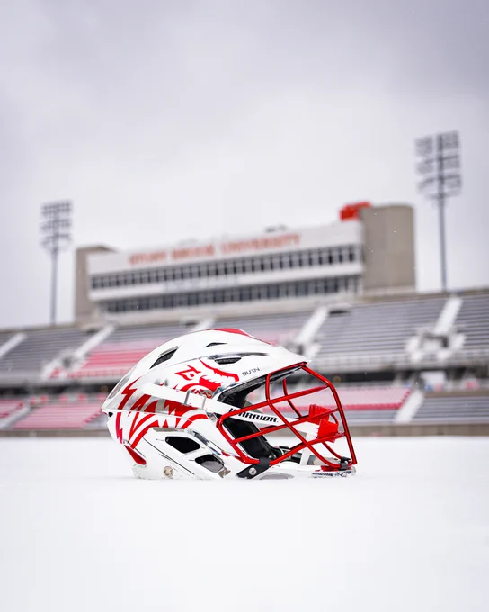 Stony Brook Lacrosse Chrome Helmet with snowy LaValle Stadium backdrop.