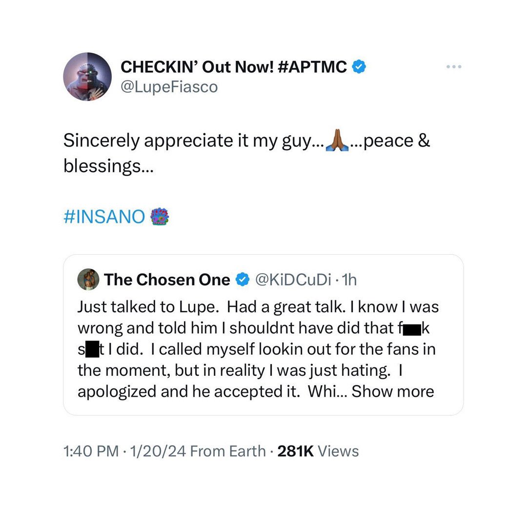 Kid Cudi admits that he was wrong after beefing with Lupe Fiasco. Their beef is officially squashed.

Their prior issues arose again this week after Cudi said in an interview that he once hid from Lupe while working at Bape.