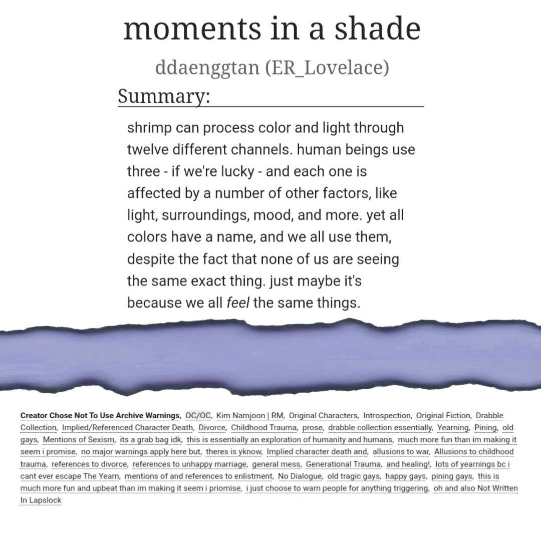 《 MOMENTS IN A SHADE 》 
《 indigo-inspired | G | 6.9k | written for <a href="/bluevioletzine/">Blue & Violet: an Indigo Zine</a> 》
《 a collection of indigo moments. ft deleted scenes not available in the zine itself. 》

《archiveofourown.org/works/53122531》