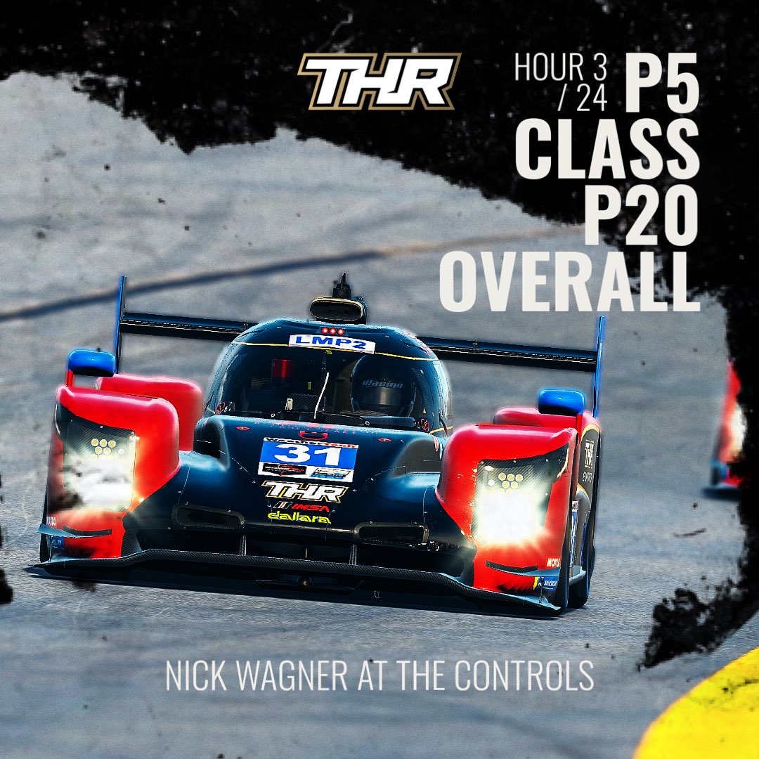 THR_esports's tweet photo. 3 hours down in this year’s Daytona 24, and after a strong stint from Max Baughman, @x_Kumori_x takes the controls. 
Currently P5 in class, P20 overall
in the THR/@RighteousFelon #31 Dallara https://t.co/pIXQxhhrJw