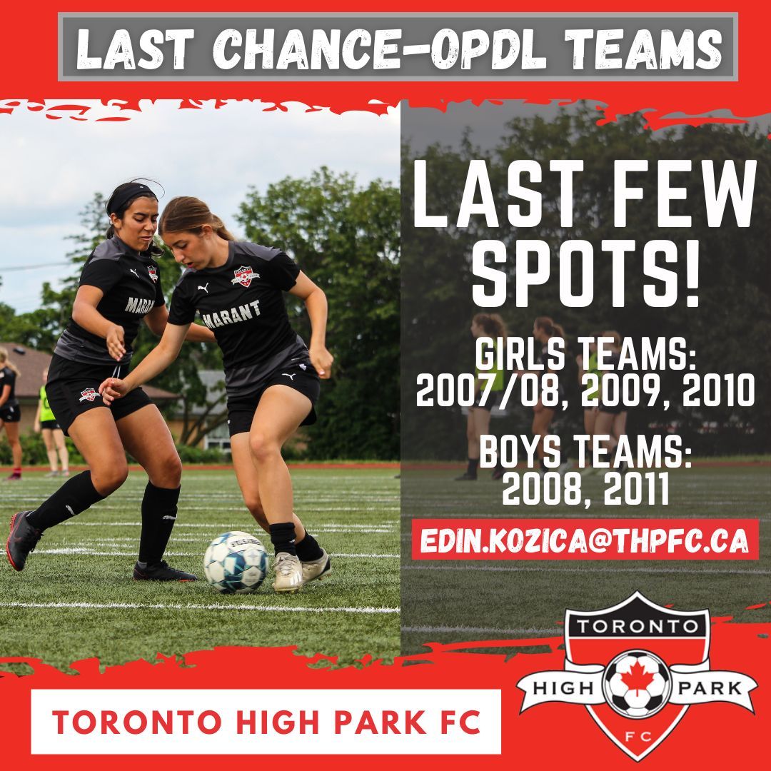 🚨 Last chance to join our OPDL program! Only a few spots left in select teams to complete our OPDL squads at THPFC! Don't miss your chance to be part of something extraordinary. Lace-up and kick off your journey with us! 🔥 Reach out to edin.kozica@thpfc.ca to schedule a tryout!