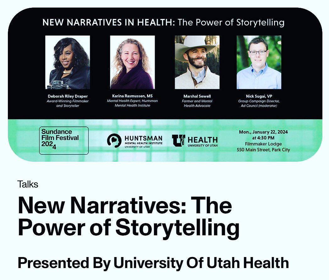 Using storytelling to lessen stigma about mental health #HuntsmanMentalHealth Institute <a href="/UofUHealth/">University of Utah Health</a> &amp; the @adcouncil with filmmaker Deborah Riley Draper highlight powerful rural community stories to change the conversation/culture <a href="/sundancefest/">Sundance Film Festival</a> http://tiny url.com/ywm8fvpy